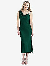 Front View Thumbnail - Hunter Green Asymmetrical One-Shoulder Cowl Midi Slip Dress