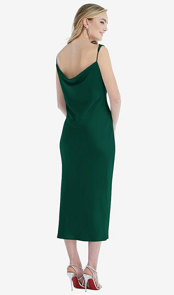 Back View - Hunter Green Asymmetrical One-Shoulder Cowl Midi Slip Dress