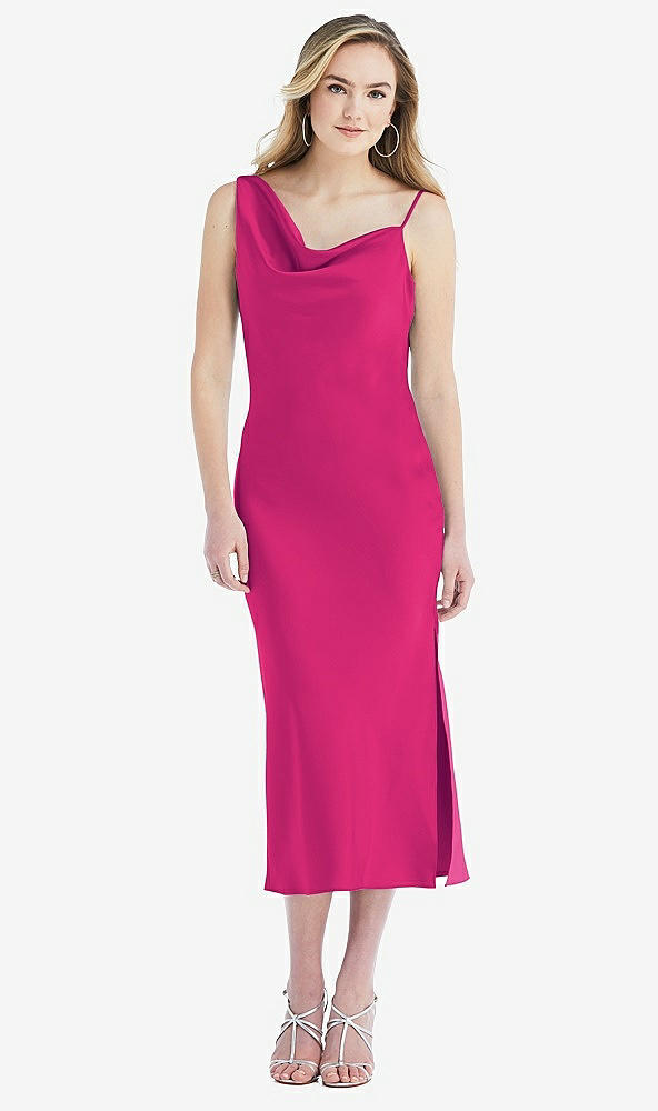 Front View - Think Pink Asymmetrical One-Shoulder Cowl Midi Slip Dress