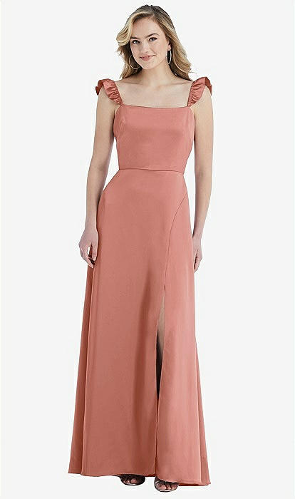 Ruffled Sleeve Tie-back Maxi Bridesmaid Dress In Desert Rose | The