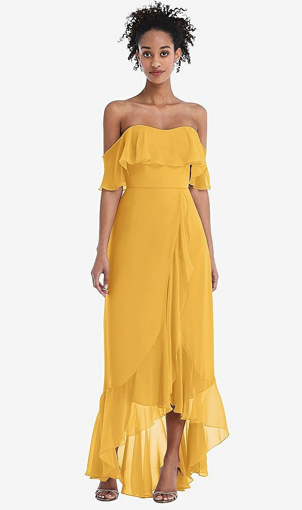 Front View - NYC Yellow Off-the-Shoulder Ruffled High Low Maxi Dress