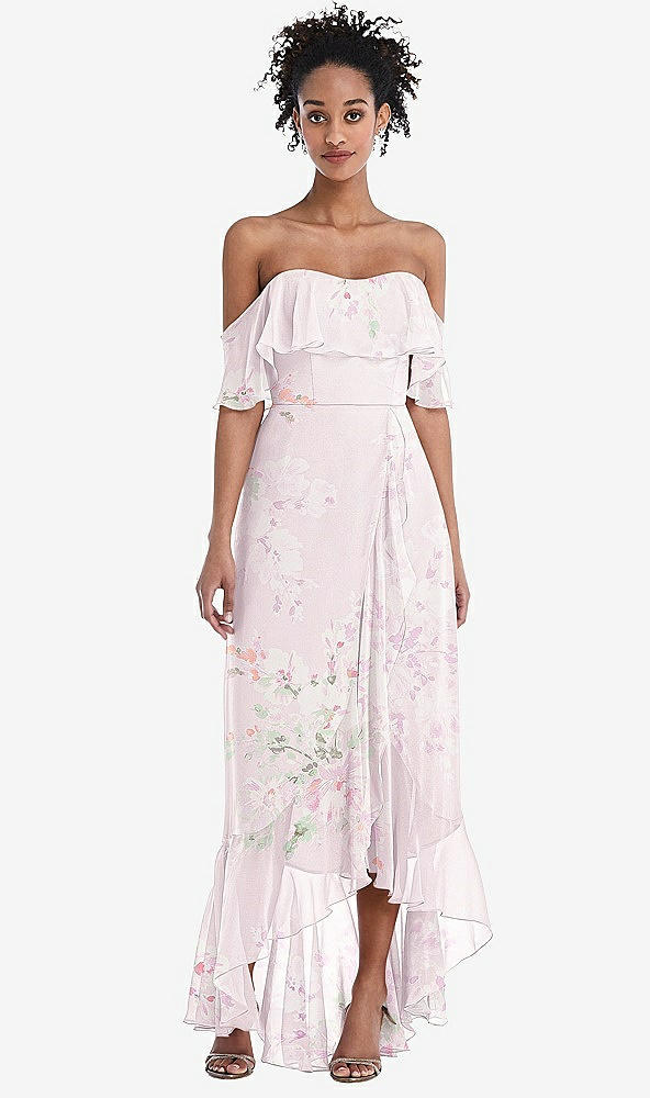 Front View - Watercolor Print Off-the-Shoulder Ruffled High Low Maxi Dress