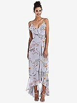 Front View Thumbnail - Butterfly Botanica Silver Dove Ruffle-Trimmed V-Neck High Low Wrap Dress