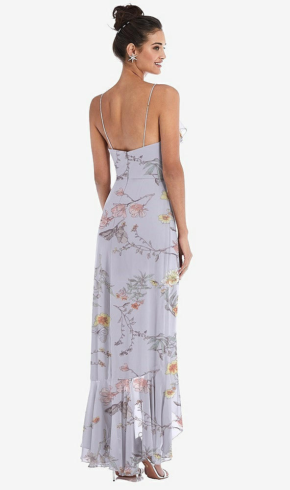 Back View - Butterfly Botanica Silver Dove Ruffle-Trimmed V-Neck High Low Wrap Dress