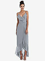 Front View Thumbnail - Platinum Ruffle-Trimmed V-Neck High Low Wrap Dress