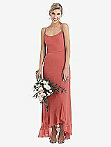 Alt View 1 Thumbnail - Coral Pink Scoop Neck Ruffle-Trimmed High Low Maxi Dress