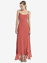 Front View Thumbnail - Coral Pink Scoop Neck Ruffle-Trimmed High Low Maxi Dress
