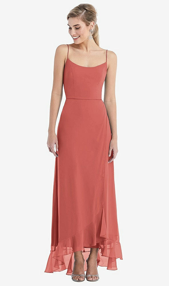 Front View - Coral Pink Scoop Neck Ruffle-Trimmed High Low Maxi Dress