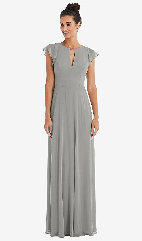 Front View - Chelsea Gray Flutter Sleeve V-Keyhole Chiffon Maxi Dress