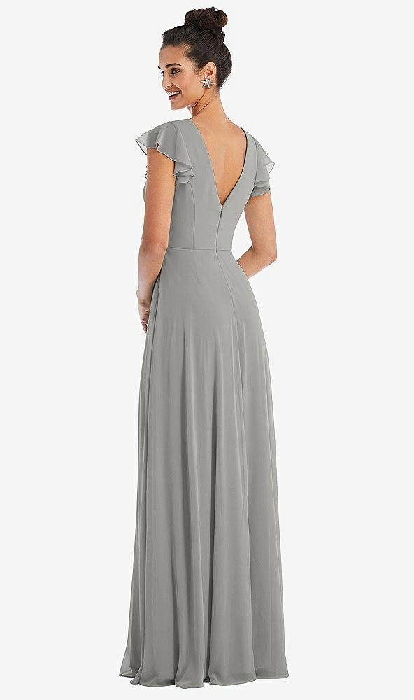 Back View - Chelsea Gray Flutter Sleeve V-Keyhole Chiffon Maxi Dress