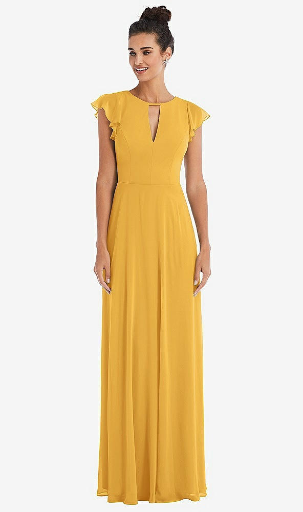 Front View - NYC Yellow Flutter Sleeve V-Keyhole Chiffon Maxi Dress