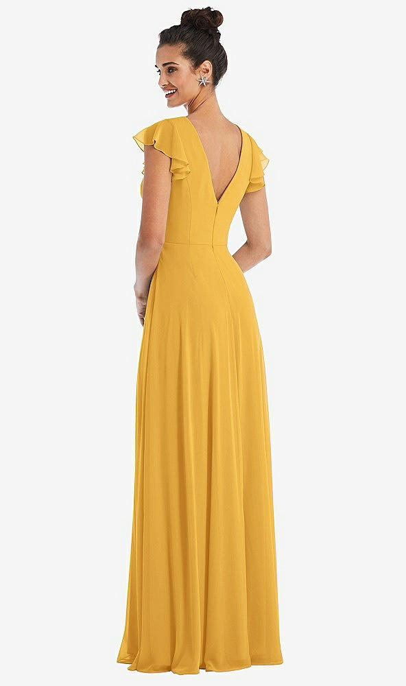 Back View - NYC Yellow Flutter Sleeve V-Keyhole Chiffon Maxi Dress
