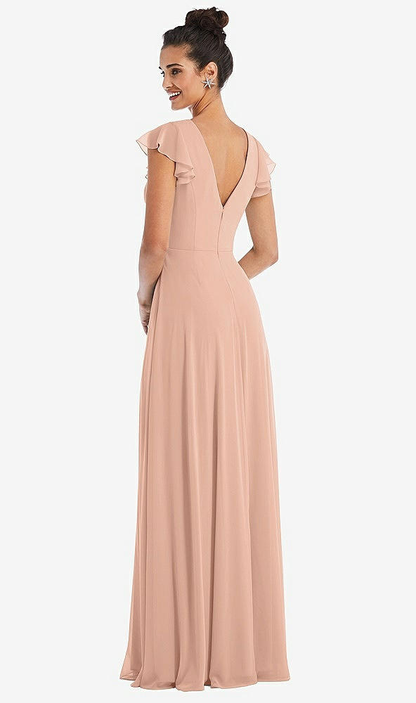 Back View - Pale Peach Flutter Sleeve V-Keyhole Chiffon Maxi Dress