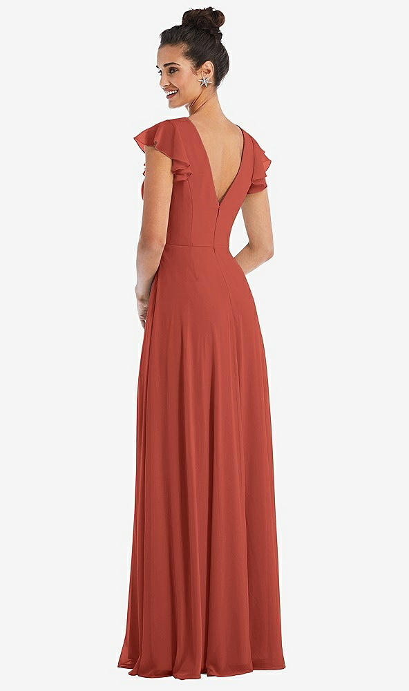Back View - Amber Sunset Flutter Sleeve V-Keyhole Chiffon Maxi Dress