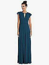 Front View Thumbnail - Atlantic Blue Flutter Sleeve V-Keyhole Chiffon Maxi Dress