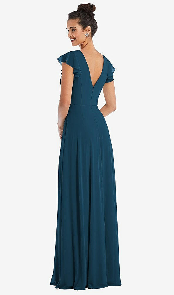 Back View - Atlantic Blue Flutter Sleeve V-Keyhole Chiffon Maxi Dress