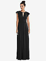 Front View Thumbnail - Black Flutter Sleeve V-Keyhole Chiffon Maxi Dress