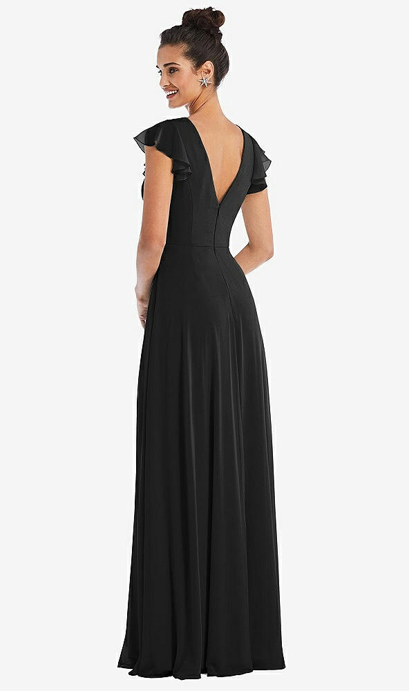 Back View - Black Flutter Sleeve V-Keyhole Chiffon Maxi Dress