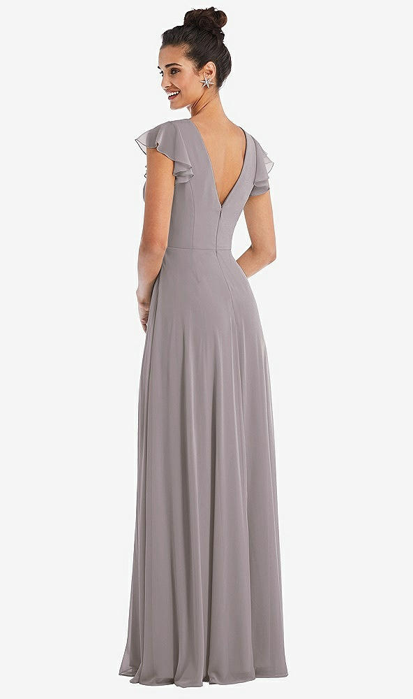Back View - Cashmere Gray Flutter Sleeve V-Keyhole Chiffon Maxi Dress