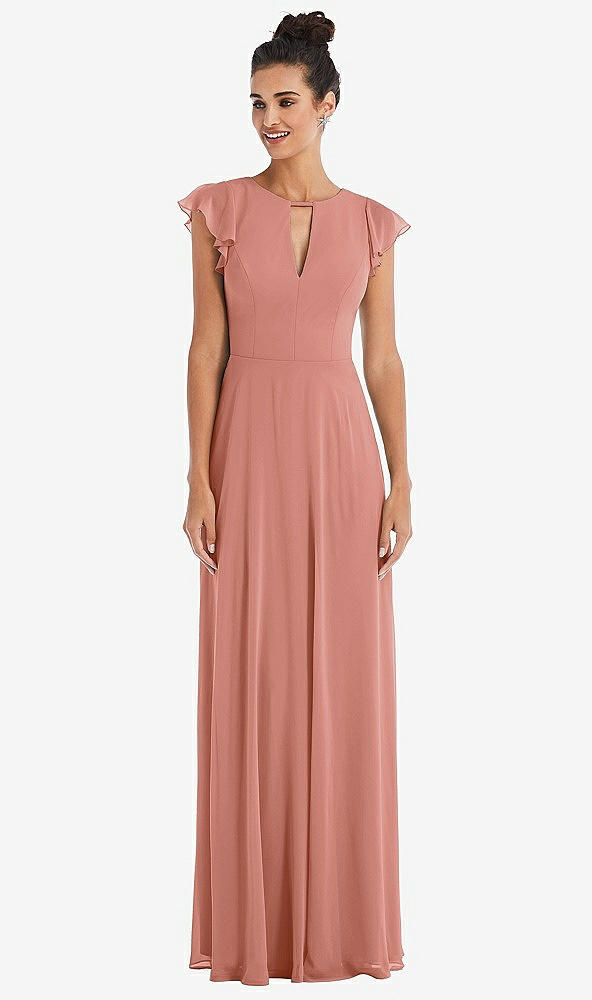 Front View - Desert Rose Flutter Sleeve V-Keyhole Chiffon Maxi Dress