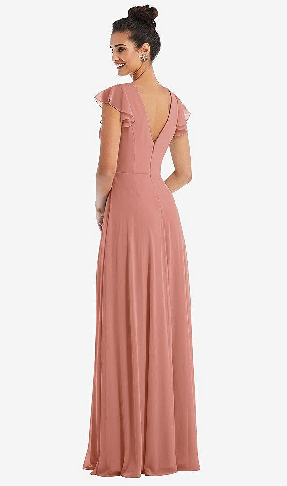 Back View - Desert Rose Flutter Sleeve V-Keyhole Chiffon Maxi Dress
