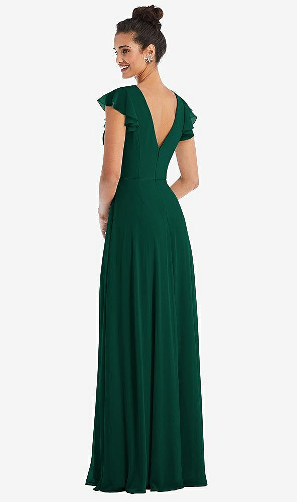 Back View - Hunter Green Flutter Sleeve V-Keyhole Chiffon Maxi Dress