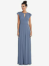 Front View Thumbnail - Larkspur Blue Flutter Sleeve V-Keyhole Chiffon Maxi Dress