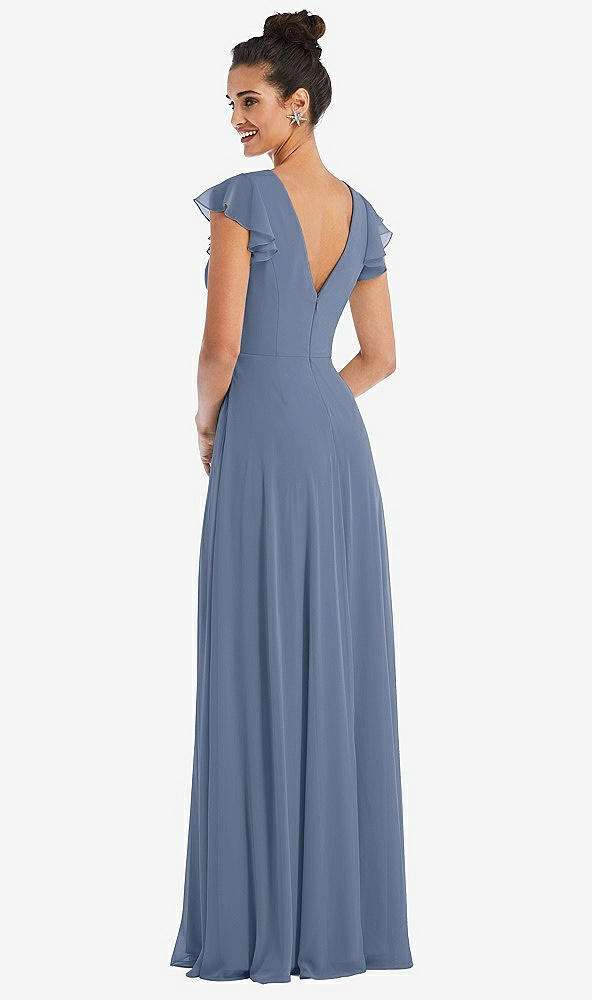 Back View - Larkspur Blue Flutter Sleeve V-Keyhole Chiffon Maxi Dress