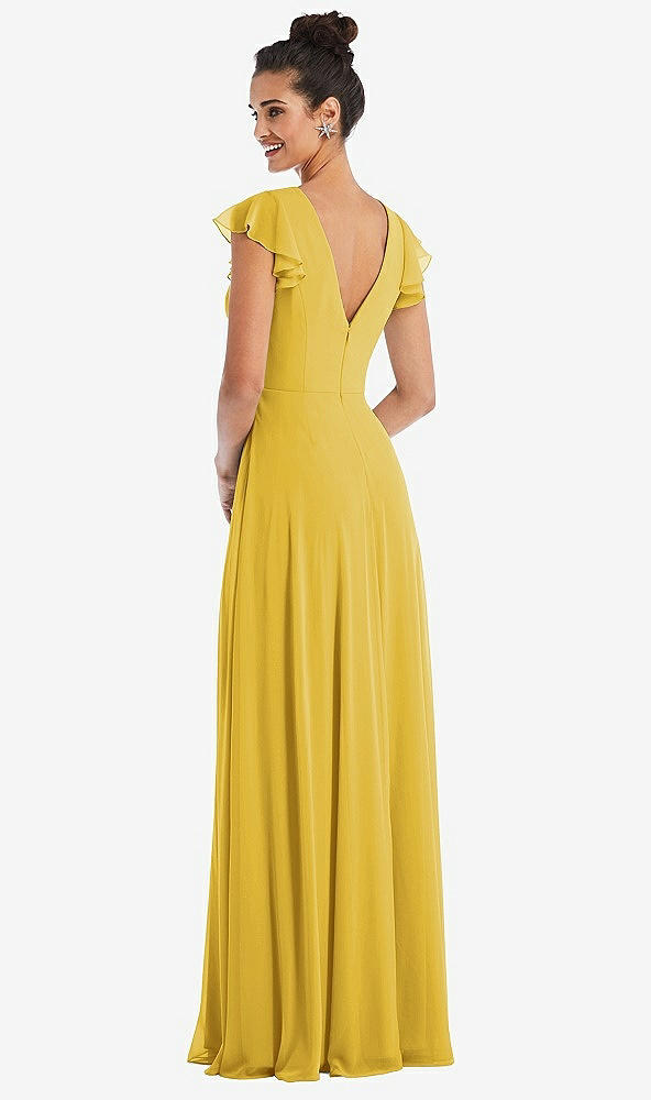 Back View - Marigold Flutter Sleeve V-Keyhole Chiffon Maxi Dress