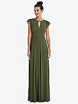Front View Thumbnail - Olive Green Flutter Sleeve V-Keyhole Chiffon Maxi Dress