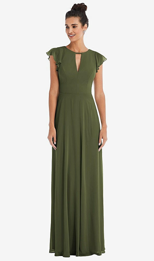 Front View - Olive Green Flutter Sleeve V-Keyhole Chiffon Maxi Dress