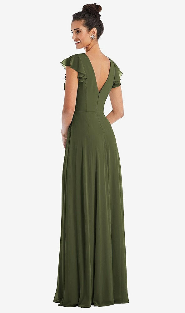 Back View - Olive Green Flutter Sleeve V-Keyhole Chiffon Maxi Dress