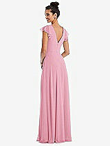 Rear View Thumbnail - Peony Pink Flutter Sleeve V-Keyhole Chiffon Maxi Dress