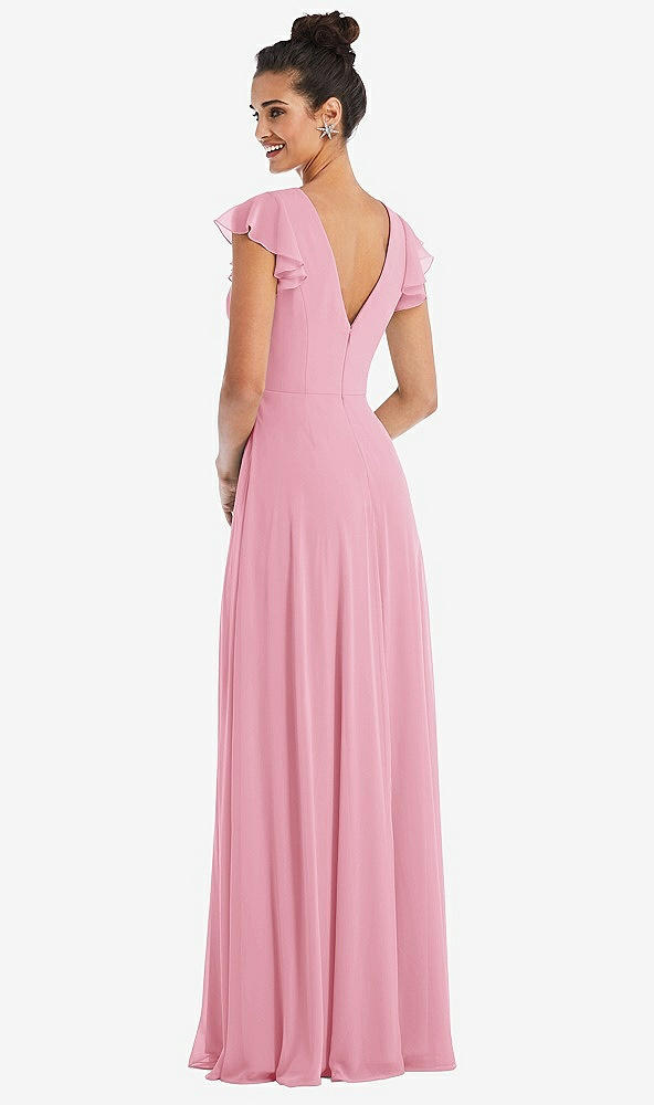 Back View - Peony Pink Flutter Sleeve V-Keyhole Chiffon Maxi Dress