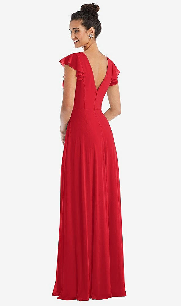 Back View - Parisian Red Flutter Sleeve V-Keyhole Chiffon Maxi Dress