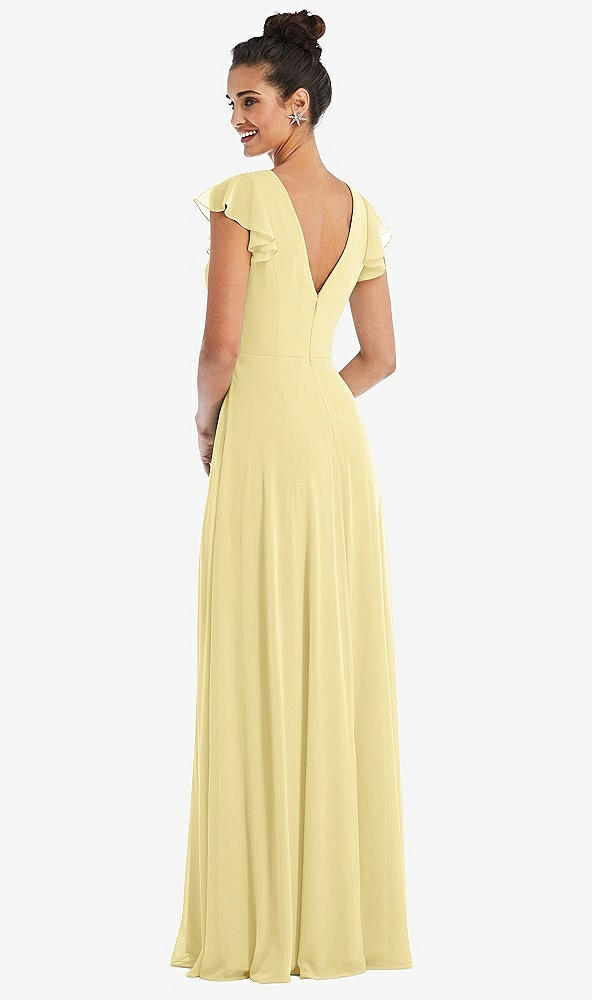 Back View - Pale Yellow Flutter Sleeve V-Keyhole Chiffon Maxi Dress