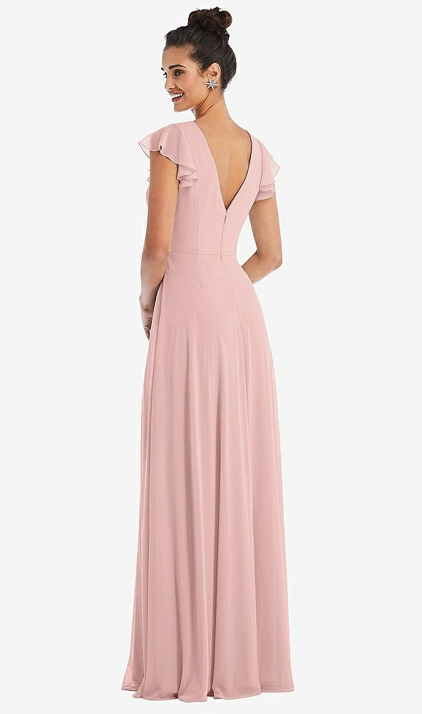 Back View - Rose - PANTONE Rose Quartz Flutter Sleeve V-Keyhole Chiffon Maxi Dress