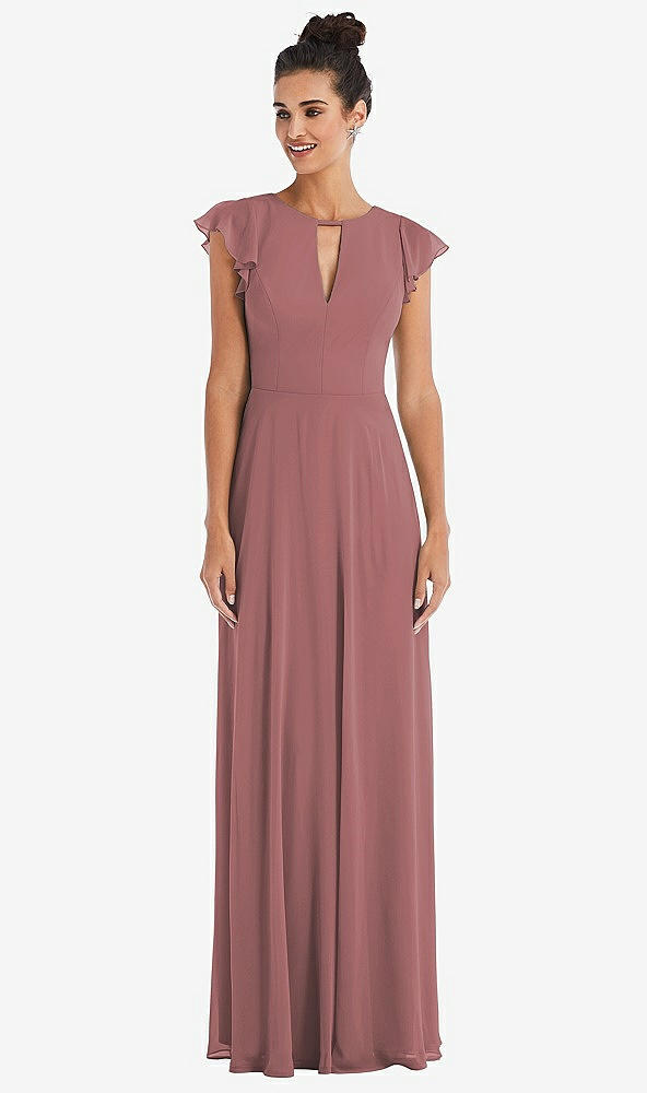 Front View - Rosewood Flutter Sleeve V-Keyhole Chiffon Maxi Dress