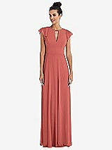 Front View Thumbnail - Coral Pink Flutter Sleeve V-Keyhole Chiffon Maxi Dress