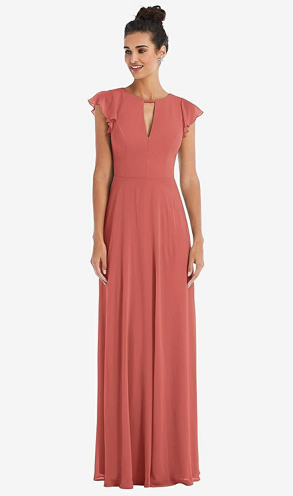 Front View - Coral Pink Flutter Sleeve V-Keyhole Chiffon Maxi Dress