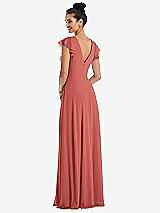 Rear View Thumbnail - Coral Pink Flutter Sleeve V-Keyhole Chiffon Maxi Dress