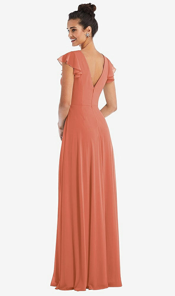 Back View - Terracotta Copper Flutter Sleeve V-Keyhole Chiffon Maxi Dress