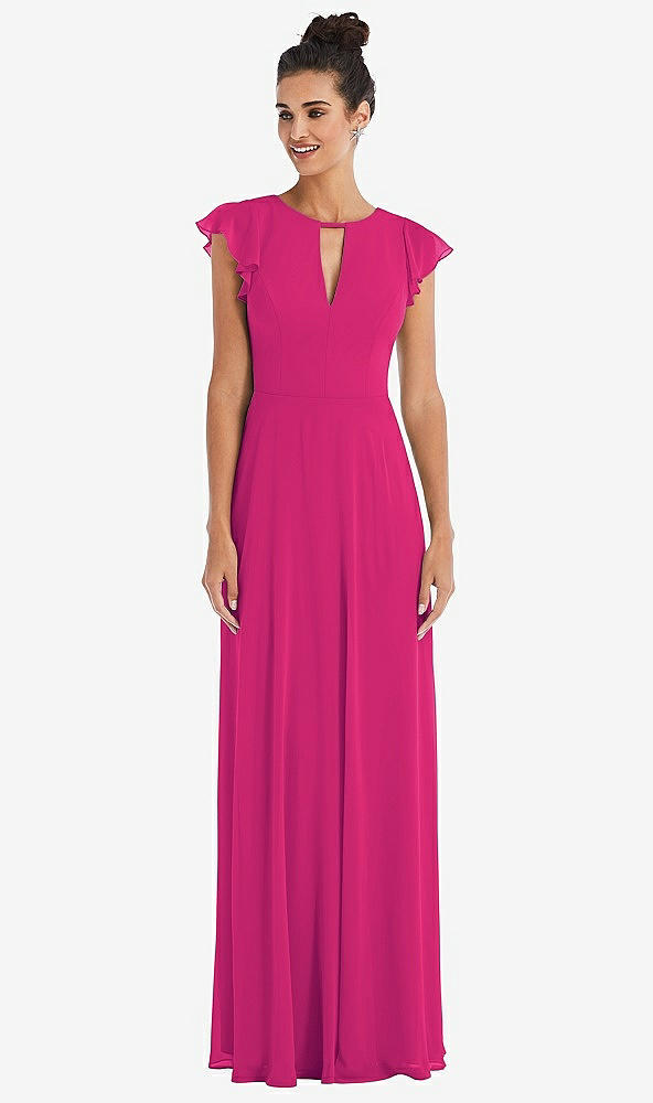 Front View - Think Pink Flutter Sleeve V-Keyhole Chiffon Maxi Dress