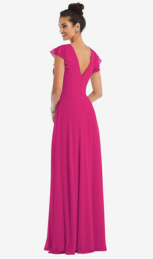 Back View - Think Pink Flutter Sleeve V-Keyhole Chiffon Maxi Dress