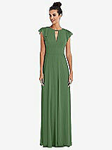 Front View Thumbnail - Vineyard Green Flutter Sleeve V-Keyhole Chiffon Maxi Dress