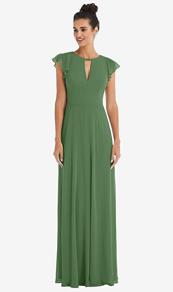 Front View - Vineyard Green Flutter Sleeve V-Keyhole Chiffon Maxi Dress