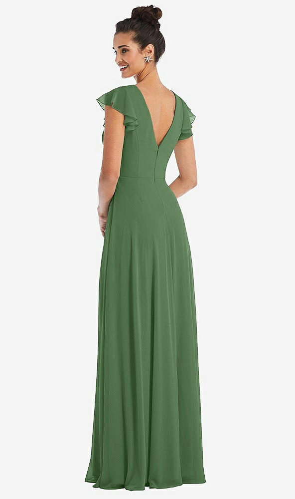 Back View - Vineyard Green Flutter Sleeve V-Keyhole Chiffon Maxi Dress