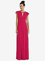 Front View Thumbnail - Vivid Pink Flutter Sleeve V-Keyhole Chiffon Maxi Dress