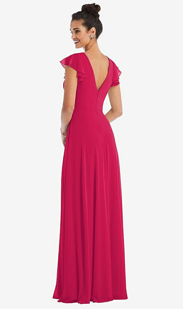 Back View - Vivid Pink Flutter Sleeve V-Keyhole Chiffon Maxi Dress