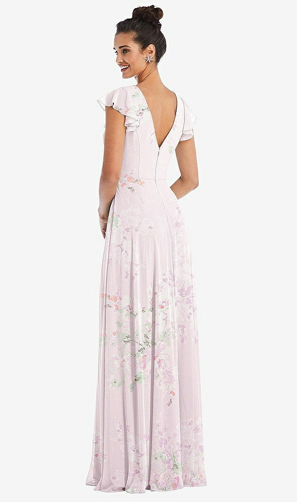 Back View - Watercolor Print Flutter Sleeve V-Keyhole Chiffon Maxi Dress